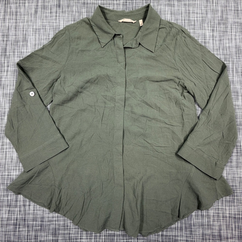 Soft Surroundings Women Roll Tab Tunic Top Green Viscose Lyocell Linen Size S